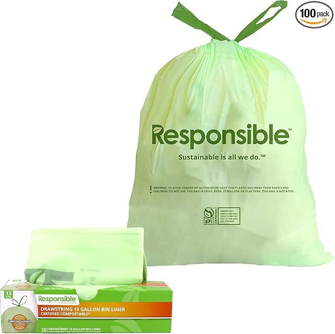 Responsible Products Kitchen Bin Liners, Certified Compostable, Heavy Duty Multipurpose Food Scrap Bags, Made from Compostable Materials (13 Gallon Drawstring, 13 Gallon (10 Count))