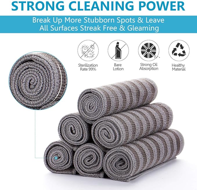 ZHIDIAN Stainless Steel Microfiber Cloth Double-Sided Cleaner Rag, Non-Scratch Scrub Cleaning Polishing Towel for Appliances, Kitchen Reusable Fridge Wipes, Gray Stripe, 8Pack, 12x12Inch