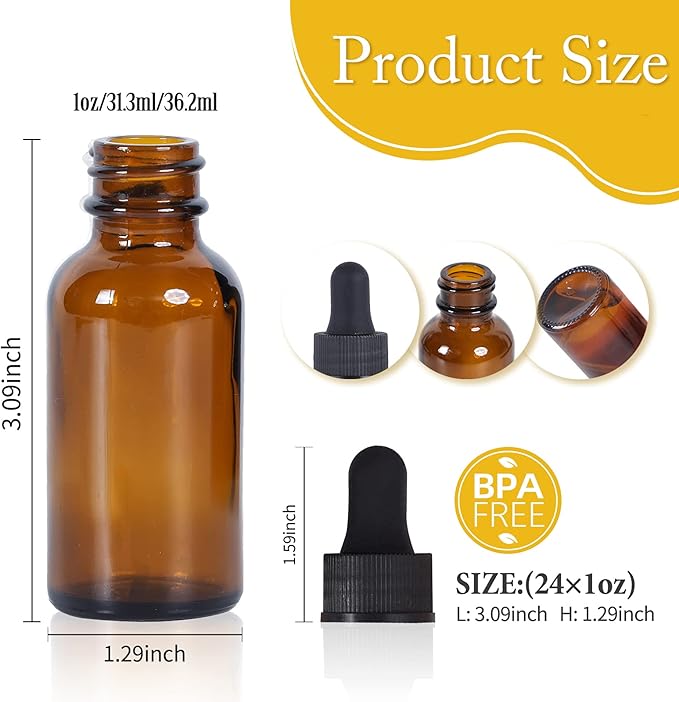 1 oz Dropper Bottle 24 Pack Amber Glass Boston Bottles 30ml with Eye Droppers Black Caps for Essential Oils, Perfume, Leak Proof Travel Bottles for Liquids