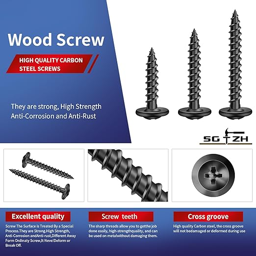 #8 x 1-1/2" Wood Screw 500Pcs Alloy Steel Standard Thread Truss Head Fast Self Tapping Black Oxide by SG TZH