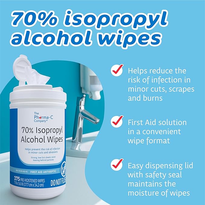 The Pharma-C Company - 70% Isopropyl Alcohol Wipes - Bulk Large Durable IPA Wipes. First-Aid Antiseptic Wound Cleaner with Moisture Lock Lid. (Case of 6 Canisters)