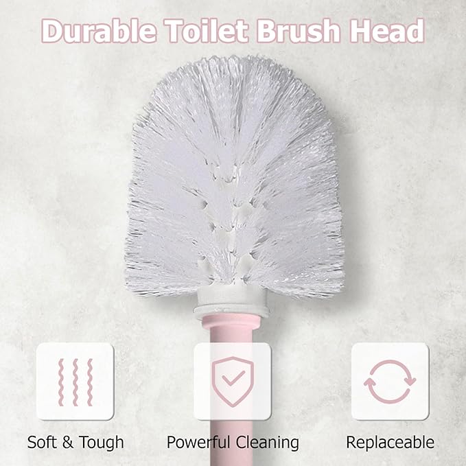 Topsky 2 Pack Compact Toilet Brush & Holder Set, Plastic Round Barrel Loo Brush with 2 Replacement Toilet Brush Head, Durable for Bathroom Toilet, Pink