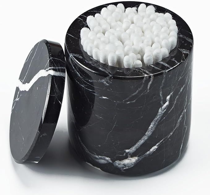Black Natural Marble Storage Jar with Lid, 3 Inch Dia 3.5 Inch Ht Elegant Stone Canister, Damp-Proof Cosmetic Container for Cotton Swabs, Jewery, Bathroom Bath Salt, Kitchen Jar for Sugar, Coffee