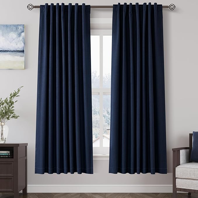 Navy Blue Linen Blackout Curtains 72 inch Length Back Tab Rod Pocket Thermal Insulated Textured Living Room Blackout Curtains 2 Panels Set 52x72
