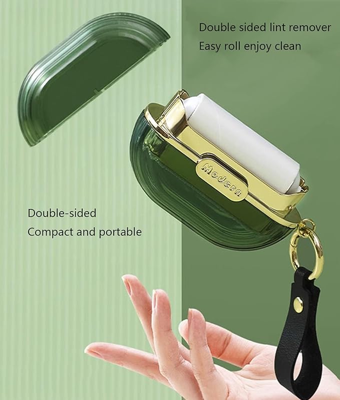 Handy Double-Sided Travel Lint Roller with Hand Strap, 7-Fill Luxury Clothing Bag Dust Fluff Adhesive Reusable Mini Extra Adhesive Dog Cat Pet Adhesive, Small Pocket Reusable Lint (Green)