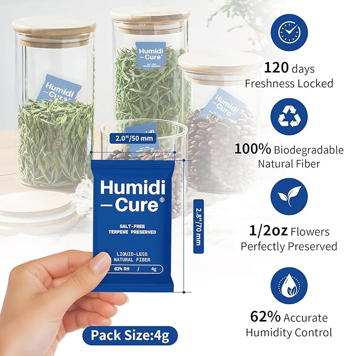 Humidi-Cure 62% RH 2-Way Humidity Packs, Each for Storing 1/2 oz Herbs, Preserving Aroma and Flavor with Liquidless Plant-Fiber, Salt-Free, Humidity Packs with Individual Sealed Bag (Size 4g, 10 Pack)