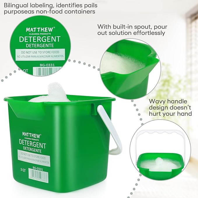 Matthew Detergent&Sanitizing Cleaning Bucket 3 Quart Plastic Pail,Set of 12 Square Containers,Built-in Spout w/Handle,Wash Rinse Sanitize Handwash Bucket for Home Office Commercial Restaurant (Green)