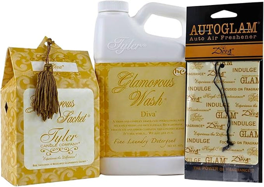 Tyler Candle 32 Ounce Glamorous Wash, Sachet, and Autoglam Bundle by Louisiana Pantry (Diva)