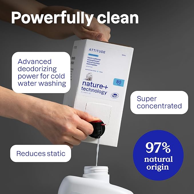 ATTITUDE Liquid Fabric Softener, Plant-Based & Vegan, HE Compatible, Naturally Derived, Citrus Zest Scent, 80 Loads, 67.6 Fl Oz