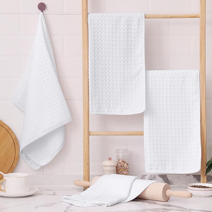 Homaxy Microfiber Waffle Weave Kitchen Towels, 16 x 28 Inch Ultra Absorbent and Solid Color Dish Towels, 6 Pack, White