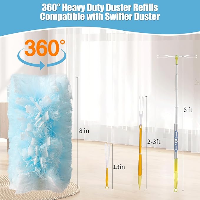60 Count 360° Heavy Duty Duster Refills Compatible with Swiffer, Large Size-Extra Thick Disposable Electrostatic Duster Refill with 1 Short Handle for Furniture, Blinds, Ceiling Fans(Blue)