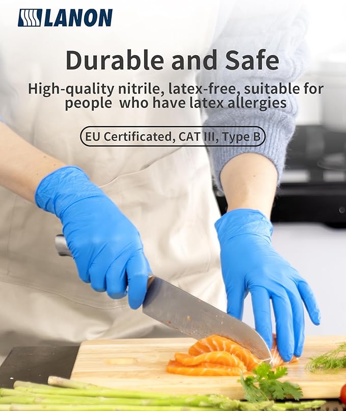LANON Protection Disposable Nitrile Gloves, Silicone-Free, Food-Safe, Chemical Resistant, Powder-Free, Textured Fingertips, Cooking, Cleaning, Blue, Small