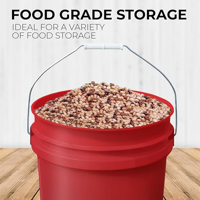 5-Gallon Red Bucket Pail with Gamma Seal Screw on Airtight Lid, Metal Handles with Plastic Grip for Easy Carrying, Easy Stack and Store, Heavy-Duty 90MIL Extra Durable, Food Grade, BPA Free - 5 Pack