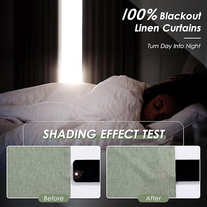 Nanspring 100% Blackout Linen Curtains 120 Inch Long 2 Panels Desert Sage Modern Urban Drapes Extra Long 10 FT Back Tab Pocket Thermal Insulated Curtains for Dining Room High Ceiling 52X120