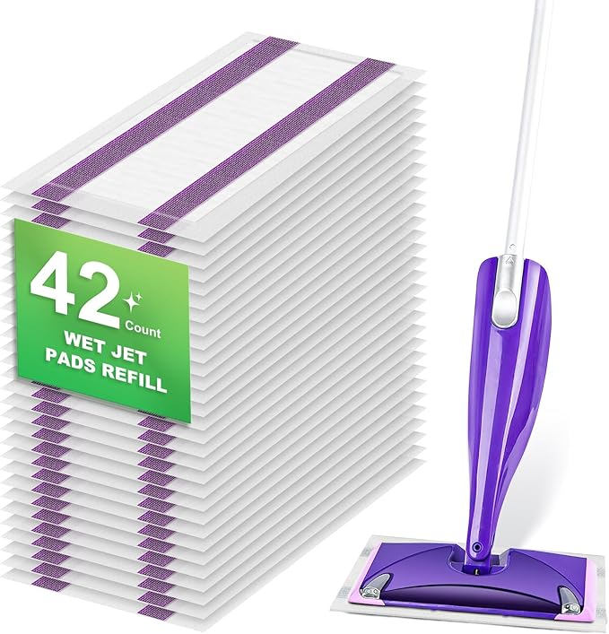42 Count Disposable Mop Pad Replacement for Swiffer WetJet Spray Mop, Extra Strong Dirt Locking and Water Absorbent, Powerful Stain Removal