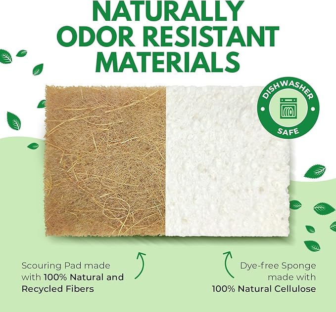 Natural Kitchen Sponges Pack of 20 - Biodegradable Cellulose and Coconut Husk Walnut Scrubbers - Odor Free Non Scratch - Eco Friendly Quick Drying Dishwashing Sponges
