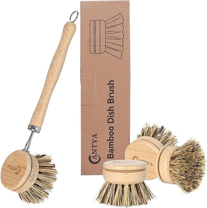 Bamboo Dish Scrubber with Handle - Natural Hard Bristles, Compostable & Sustainable, Kitchen Scrub Brush for Dishes, Pots and Pans