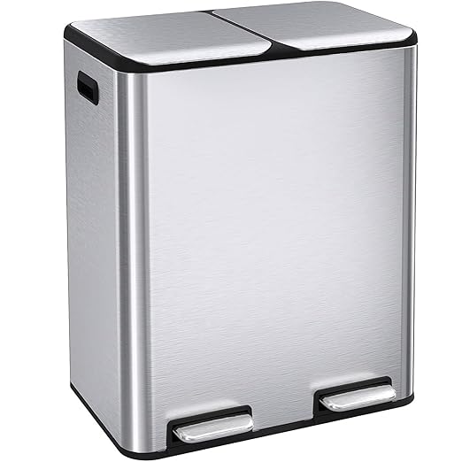 16 Gal (2 x 30 L) Dual Trash Can, Stainless Steel Kitchen Garbage Bin, Recycle Dustbin with Odor Control Box, Soft-Close Lid, Inner Buckets, Side Handle, Step Pedal, for Home Office