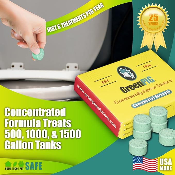 GREEN PIG Septic Tank Treatment Pods- Aids in the Breakdown of Septic Waste to Prevent Backups, Easy Flush Cleaner, 1-year supply, 6 Pods, 52C Live Tank Treatment