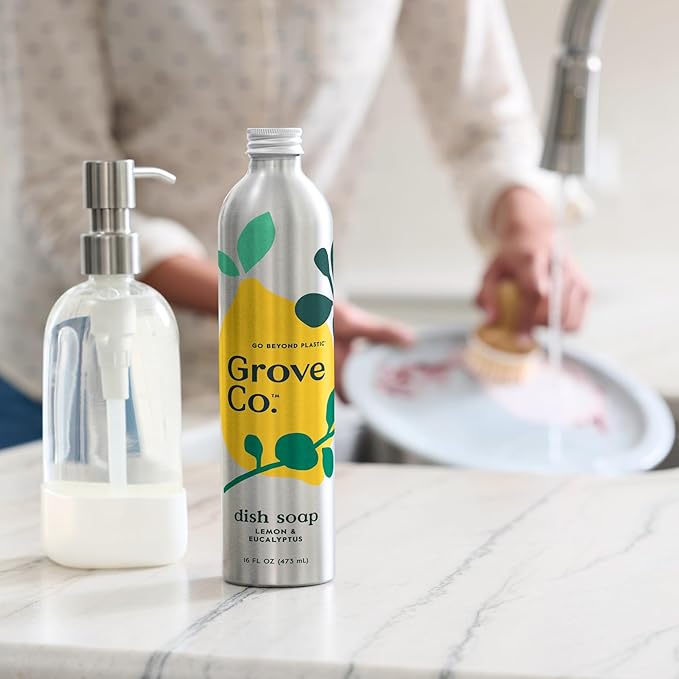 Grove Co. Ultimate Dish Soap Refills (3 x 16 Fl Oz) + Refillable Glass Dish Soap Dispenser for Kitchen Sink with Non-Slip Silicone Sleeve, Plastic Free Cleaning Products, Lemon & Eucalyptus