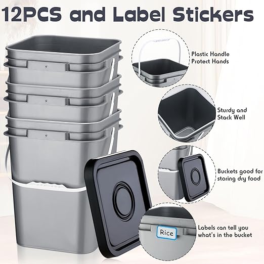 Vesici 12 Pcs 5 Gallon Square Bucket Pail with Plastic Handle and Lid Heavy Duty Storage Food Container with DIY Label Sticker for Food Multipurpose Paint Water Crafts Project(Gray)