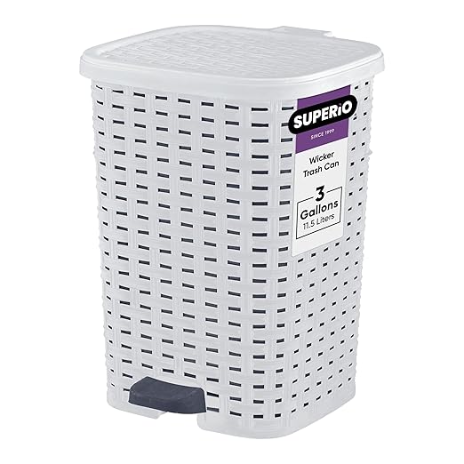 Superio Small Outdoor Trash Can with Lid for Dog Poop 3 Gallon/12 L Mini Plastic Garbage Can with Foot Pedal for Bathroom, Bedroom, Office, Patio, Wicker Smoke