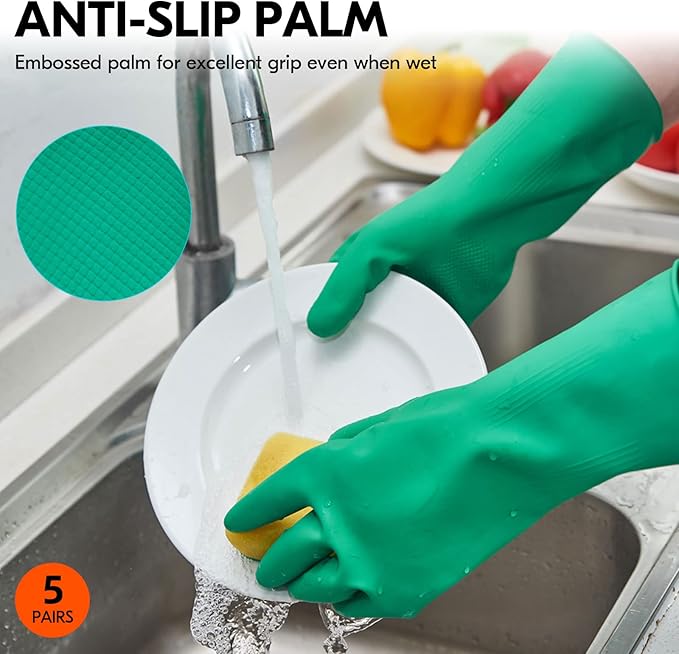 Vgo... 5-Pairs Reusable Household Gloves, Rubber Dishwashing gloves, Extra Thickness, Long Sleeves, Kitchen Cleaning, Working, Painting, Gardening, Pet Care (Size L, Green, HH4601)