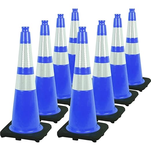 Fluorescent Orange/Green PVC Traffic Cones, Heavy Black Base Parking Lot Cone Structurally Stable Weatherproof Road Construction Safety Cones (8, Blue, 28" Large)