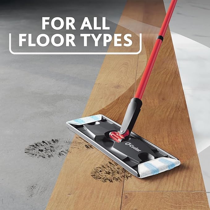 O-Cedar H2prO Flat Mop System with 2 Mop Head Refills | Quick Cleaning Tool | Clean with Clean Water | Machine Washable Reusable Microfiber Mop Pad | Safe on Wood Floors, Vinyl,Tile, Baseboards, Walls