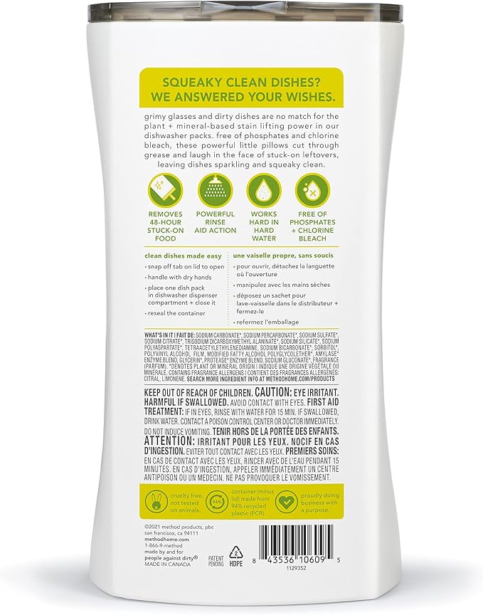 Method Dishwasher Detergent Packs, Lemon Mint, Dishwashing Rinse Aid to Lift Tough Grease and Stains, 54 Dishwasher Tabs per Package, (Pack of 2)