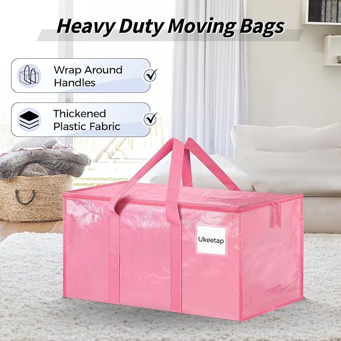 16 Pack Extra Large Heavy Duty Moving Bags, Pink Storage Bins with Lids, Reinforced Handles & Heavy-Duty Zippers Moving Boxes Storage Bags Totes for Clothes Packing, Dorms, College Supplies, Pink