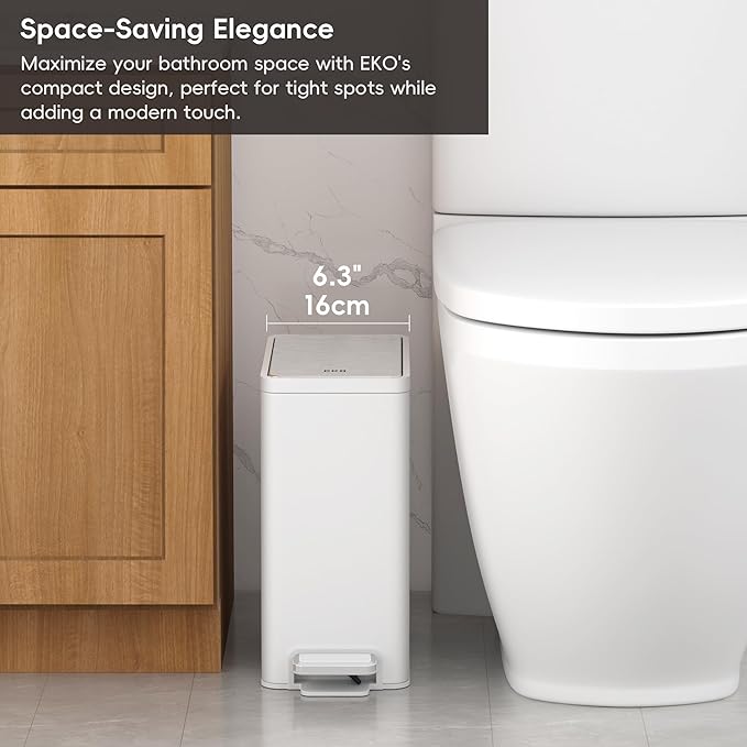 EKO Slim Small Bathroom Trash Can with Lid, Stainless Steel Small Garbage Can with Removable Inner Bucket, 6L / 1.6 Gal, Step On Trash Bin (White)