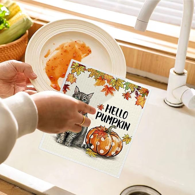 Fall Cat Swedish Dishcloths for Kitchen Cloths Towels, Cute Cat Vintage Autumn Pumpkin Maple Leaves Gifts Set 4 Pack Dish Cloths for Kitchen, Papaya Reusable Cleaning Paper Towels Washable