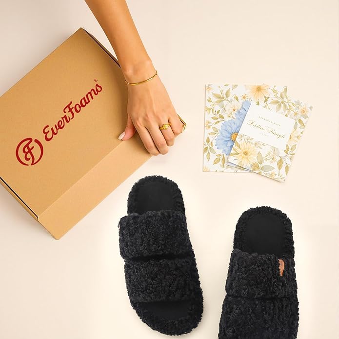 EverFoams Womens Fuzzy Open-toe Slippers Soft Comfy Memory Foam Indoor House Shoes
