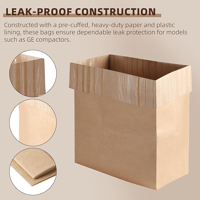 (15-Pack) Calvana Super Strong Compactor Bags, Heavy-Duty Kitchen Paper Trash Bags with Leak Proof Plastic Liner, Fits GE Model Compactors with Rectangular Containers, Includes 15 Sticker Seals