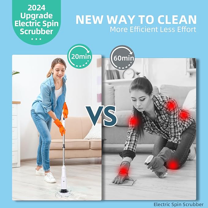 Electric Spin Scrubber,2025 Electric Scrubber for Cleaning,Power Scrubber with Adjustable Long Handle,3 Spin Speeds,Power Scrubber,Shower Cleaning Brush,White