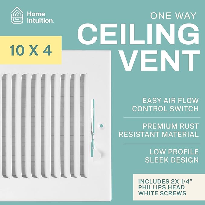 Ceiling Register - Air Vent Covers for Home Ceiling or Wall - 10X4 Inch (Duct Opening) 2-Way White Grille Register Cover with Adjustable Damper for HVAC Heat and Cold Air Conditioner