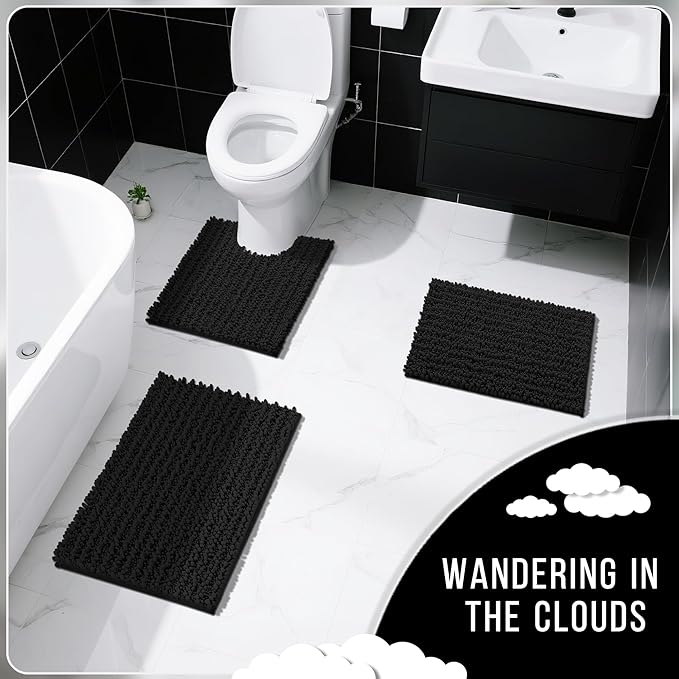 Yimobra Bathroom Rugs Non Slip Washable 24x17 Inch - Ultra Soft Absorbent Chenille Bath Mat, Quick Dry Shaggy Floor Carpet for Tub Shower, Black Home Decor Accessories
