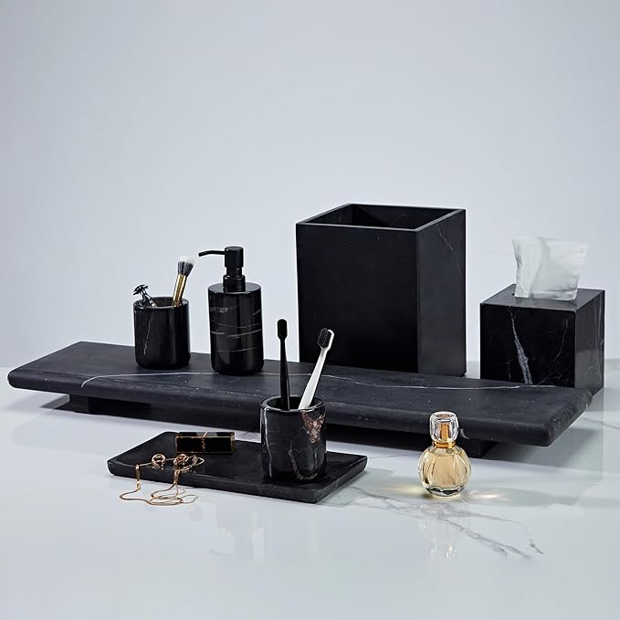 Black Marble Trash Can for Bathroom, Minimalist Theme Chic Wastebasket,Luxurious Design Rubbish Bin, Elegant Black Marble Waste Basket for Bathroom, Bedroom, Living Room