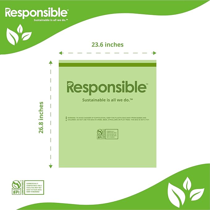 Responsible Products Kitchen Bin Liners, Certified Compostable, Heavy Duty Multipurpose Food Scrap Bags, Made from Compostable Materials (13 Gallon Drawstring, 13 Gallon (10 Count))