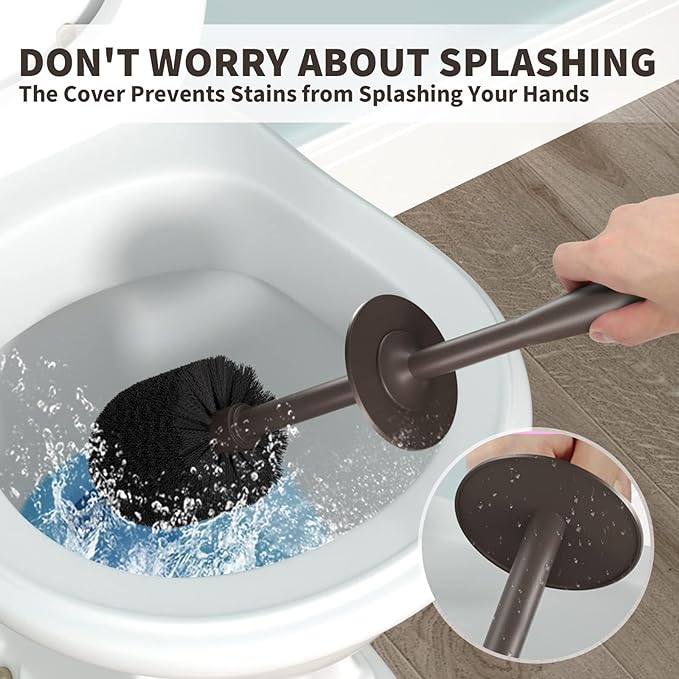 UPTRONIC Toilet Brush, Toilet Bowl Brush with Extra Long Handle Durable Bristles Toilet Scrubber and Covered Holder for Toilet Brush Set for Bathroom Cleaning (Brown, 1 Set)