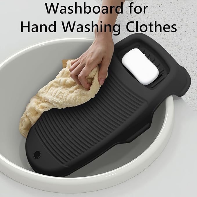 2 Pack Washboard for Hand Washing Clothes, New Updated Wash Boards Set with Soap Holder and Non-slip Base, 2 Sizes Lightweight Washboard for Kitchen Sink, Countertop, Bathtubs (Dark Black)