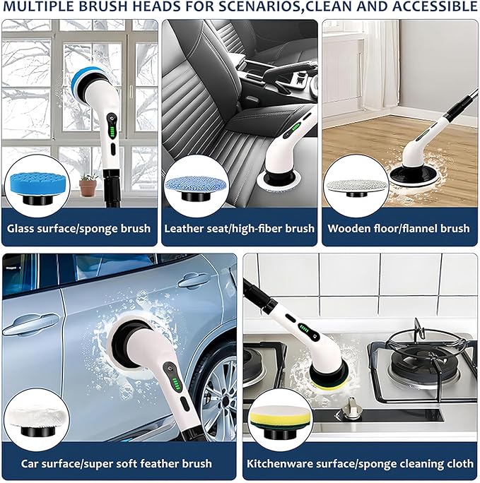 Electric Spin Scrubber Cordless - Grout Cleaner with 9 Attachments & Extension Handle, IPX7 Waterproof for Tile, Shower, Tub, Car & Bathroom, USB-C Rechargeable (Green)