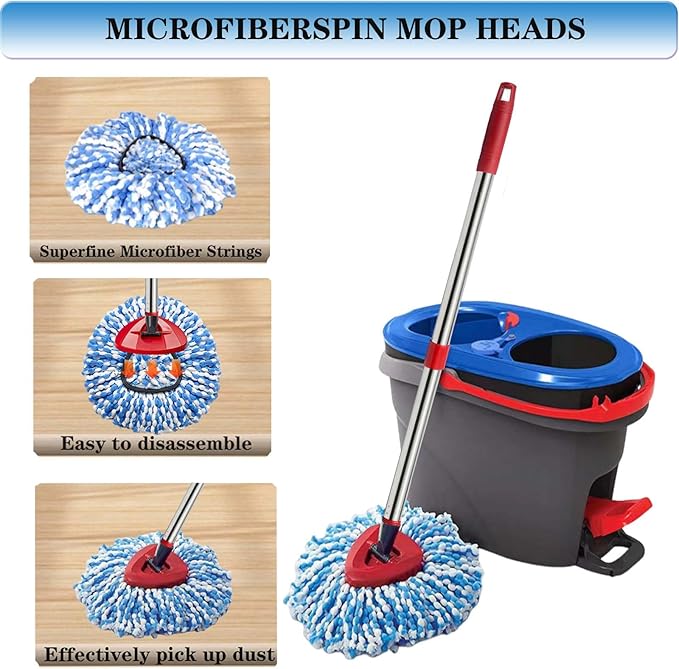 Spin Mop Replace Heads for O Cedar Rinse Clean 2 Tank System, Spin Mop Replacement Head 4 Microfiber Mop Refills, 1 Triangle Head Cover and 30-58in Handle
