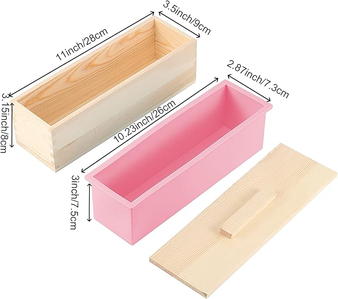 ZOENHOU 4 PCS 42 oz Pink Soap Molds with 4 Wooden Lids, Flexible Rectangular Silicone Soap Making Molds Kit with Wood Box DIY Tool Set for Soap Making Supplies
