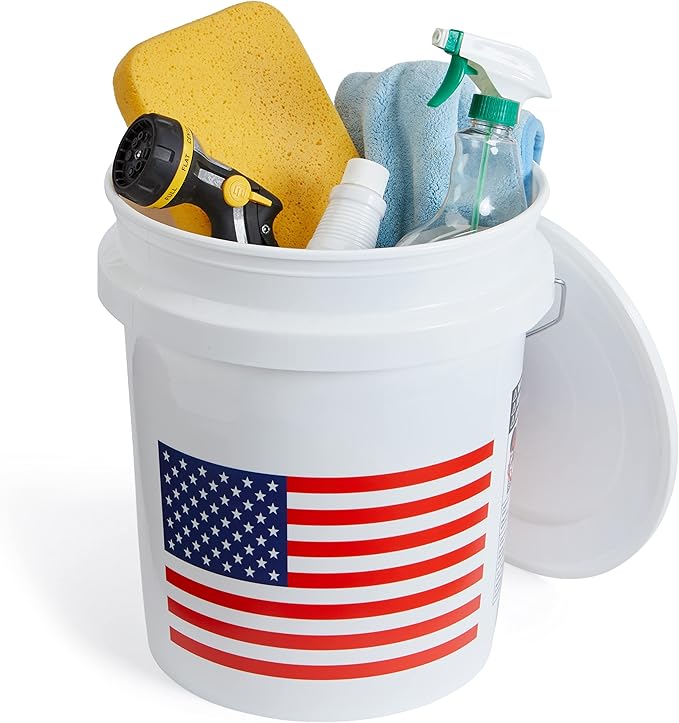 United Solutions 5 Gallon Bucket, Heavy Duty Plastic Bucket, Comfortable Handle, Perfect for on The Job, Home Improvement, or Household Cleaning, White with USA Flag, Pack of 2