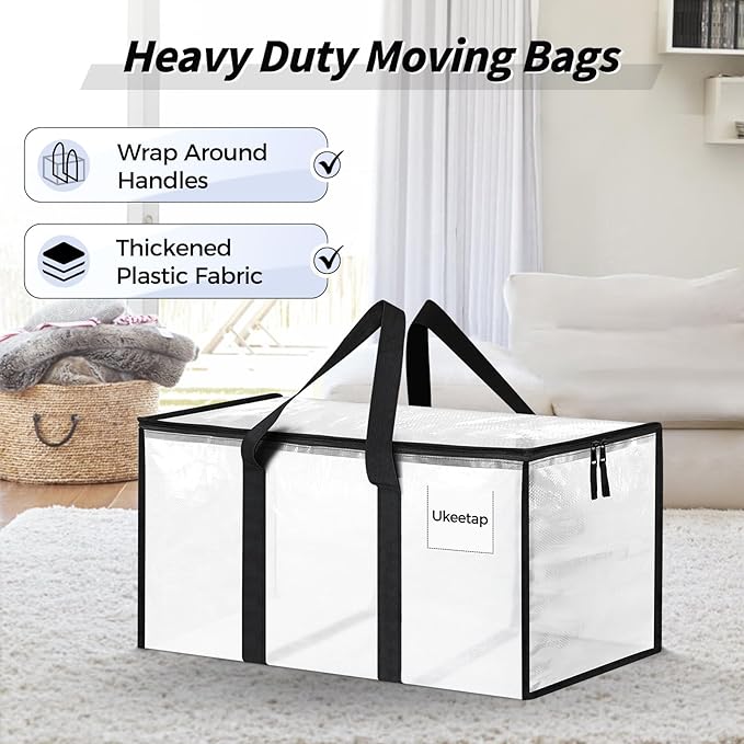 16 Pack Extra Large Heavy Duty Moving Bags, Clear Storage Bins with Lids, Reinforced Handles & Heavy-Duty Zippers Moving Boxes Storage Bags Totes for Clothes Packing, Dorms, College Supplies, Clear