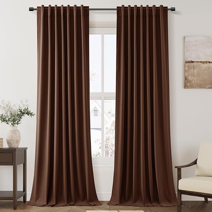 Rustic Brown Linen Curtains 90 Inches Long Loop Pocket Rod Pocket Heat Reducing Noise Reducing Thermal Insulated Total Blackout 2 Panels Set for Sliding Door Boho Farmhouse Curtains Drapes 52x90