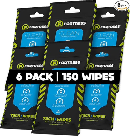 Fortress Electronic Wipes (25 ct, Pack of 6) To-Go Tech Wipes for Screens, Phones, Keyboards, TV Monitors, Computer Screens, and More [Travel Size] Skin-Safe