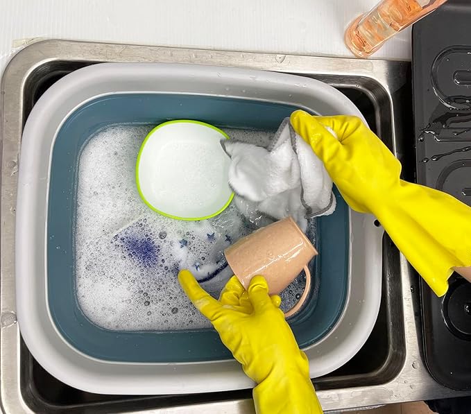 SAMMART 15L (3.9 Gallon) Collapsible Dishpan with Draining Plug-Foldable Washing Basin-Portable Dish Washing Tub - Camping & Space Saving Kitchen Storage Tray (Steel Blue + Dark Sea Green (Set of 2))